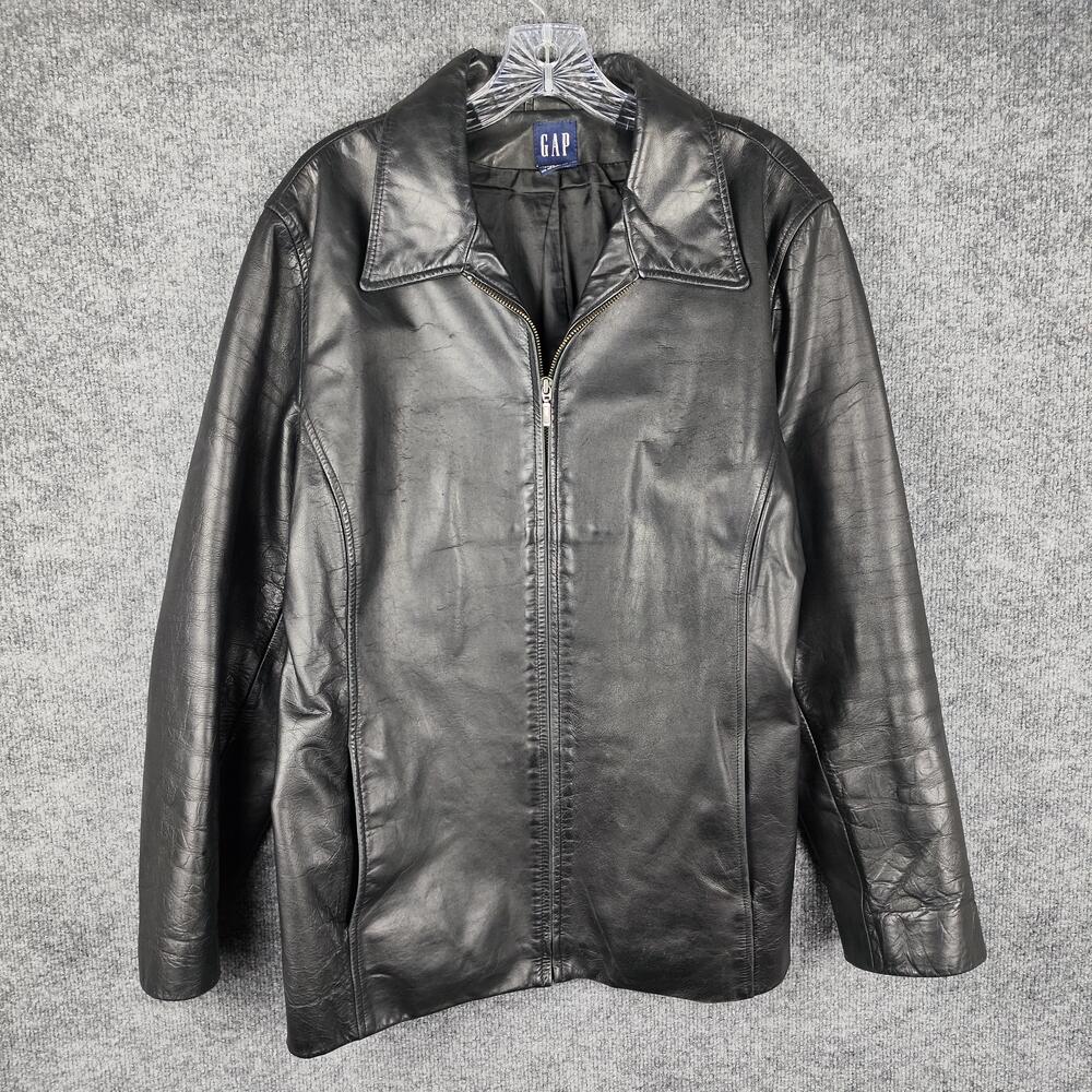 Gap Leather Jacket Mens XL Black Full Zip Lined Mid Length Motorcycle Casual